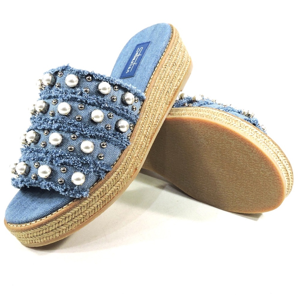 SEBASTIAN 🇮🇹 WOMEN'S BLUE JEANS DENIM COMFORT SUMMER WEDGE MULES - Picture 7 of 8